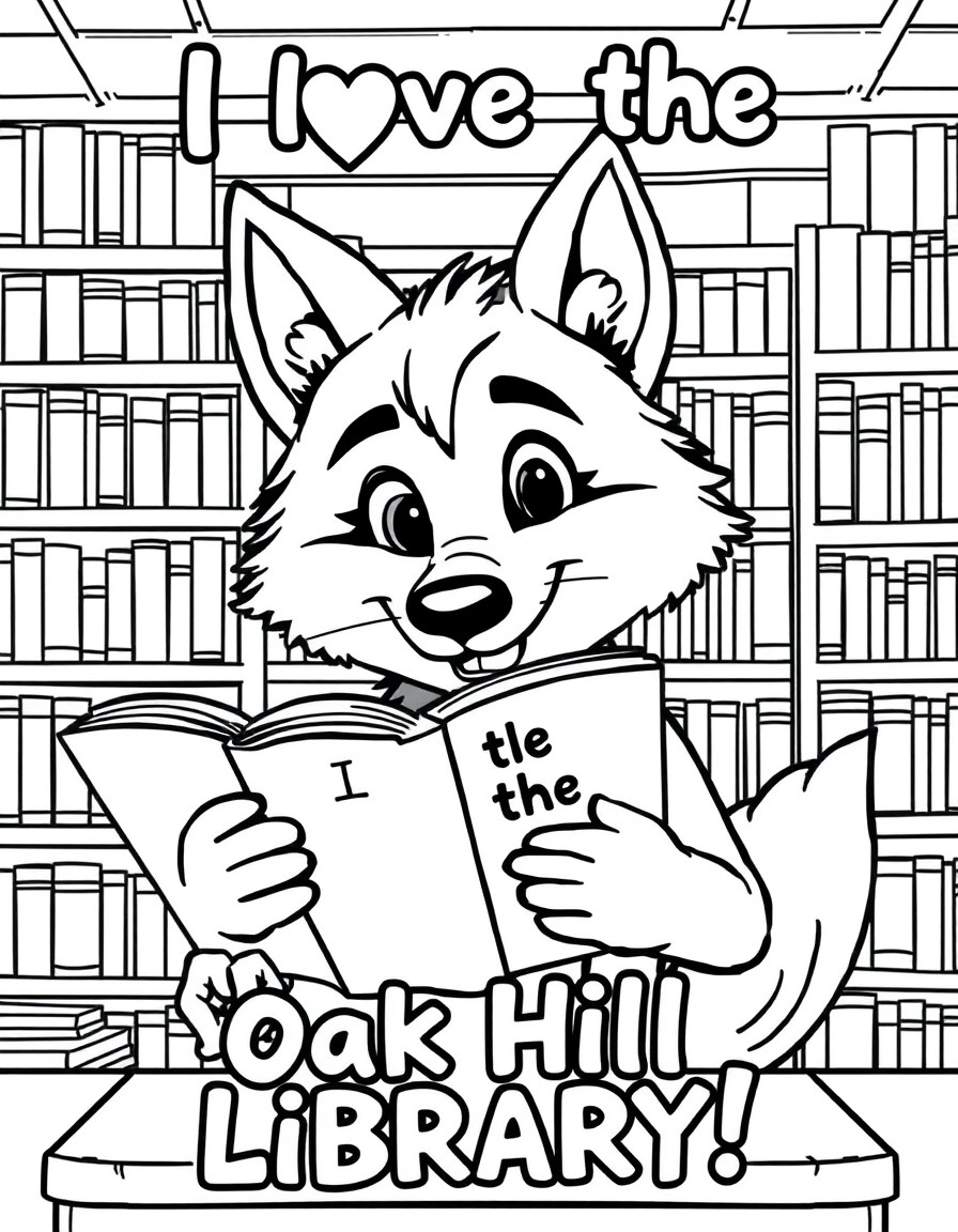 A cartoon wolf reading in a library that says "I love the Oak Hill Library!"