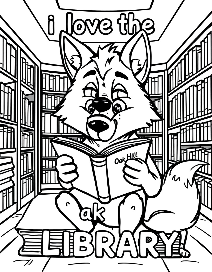 A cartoon wolf reading in a library that says "I love the Oak Hill Library!"