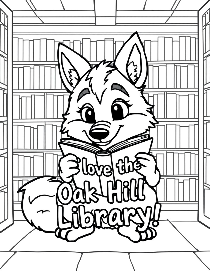 A cartoon wolf reading in a library that says "I love the Oak Hill Library!"