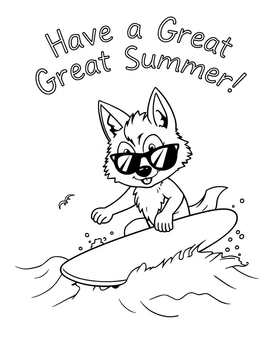 cute wolf surfing at the beach and it says "Have a Great Summer!"