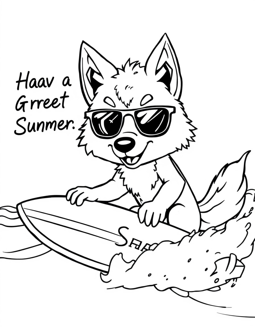 cute wolf surfing at the beach and it says "Have a Great Summer!"