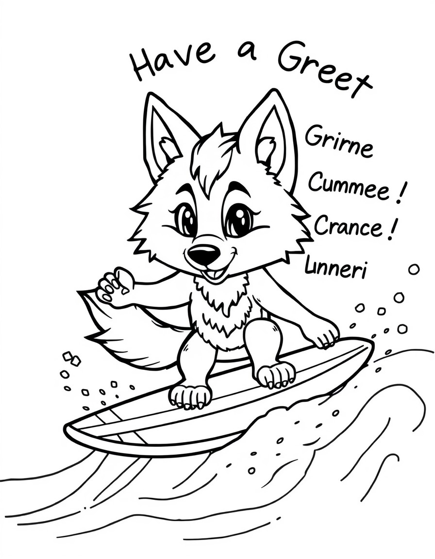cute wolf surfing at the beach and it says "Have a Great Summer!"