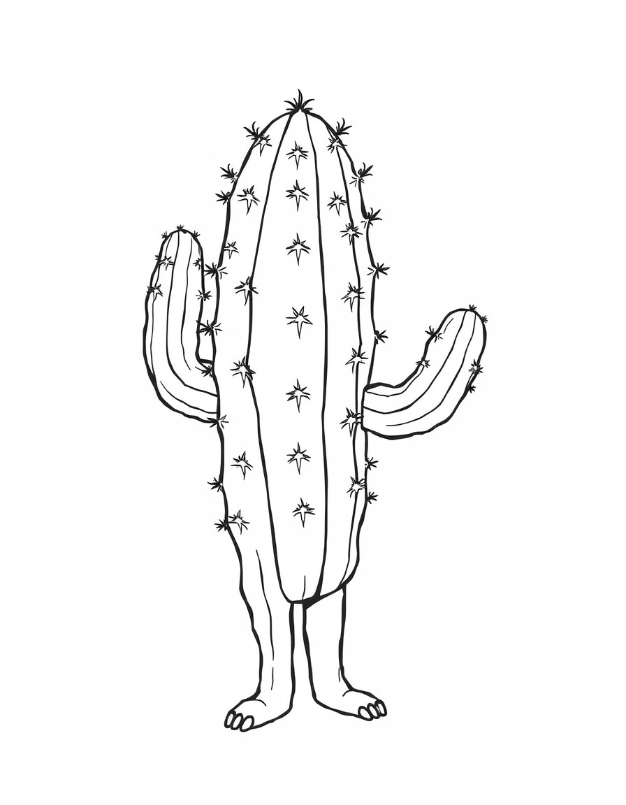 Of course! Heres the detailed description of the coloring page in English    Main Character 		This is an anthropomorphic cactus, meaning a cactus with human features 		It is standing on two legs. 		It