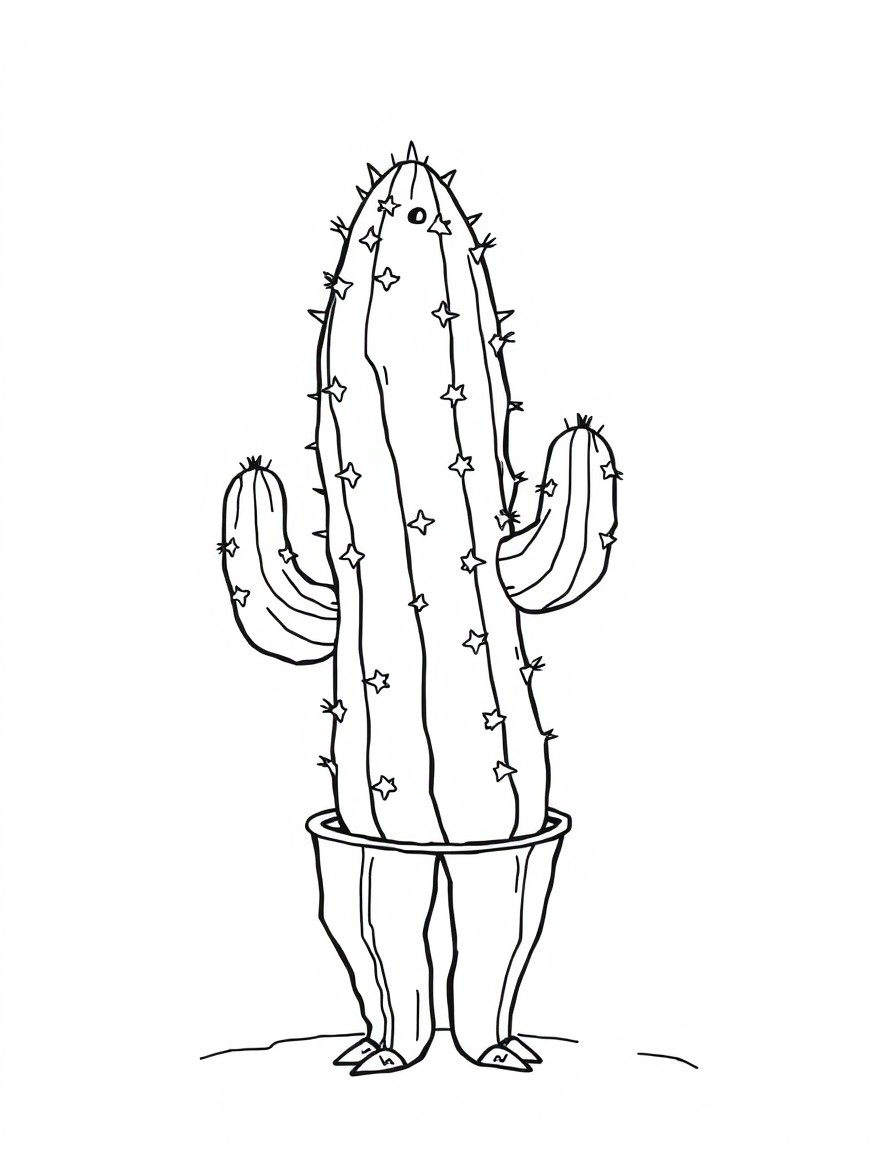 Of course! Heres the detailed description of the coloring page in English    Main Character 		This is an anthropomorphic cactus, meaning a cactus with human features 		It is standing on two legs. 		It