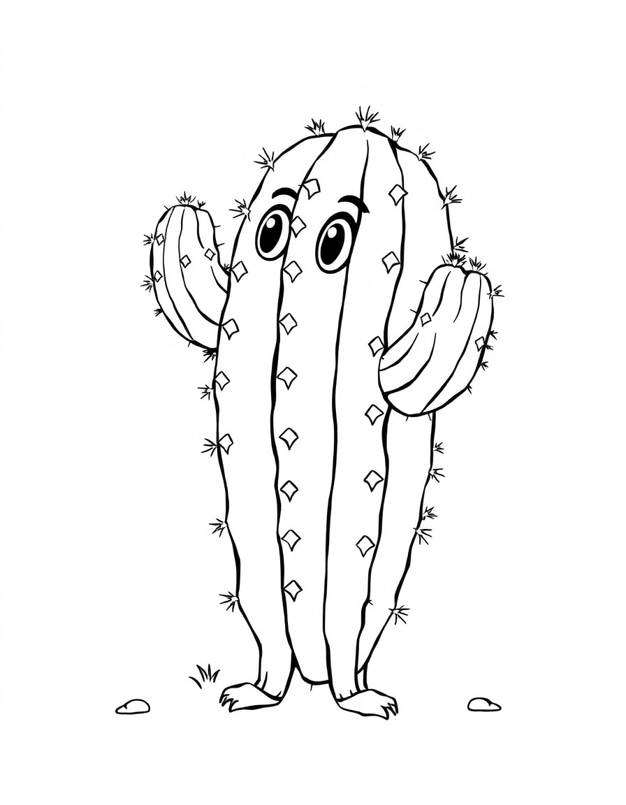 Of course! Heres the detailed description of the coloring page in English    Main Character 		This is an anthropomorphic cactus, meaning a cactus with human features 		It is standing on two legs. 		It