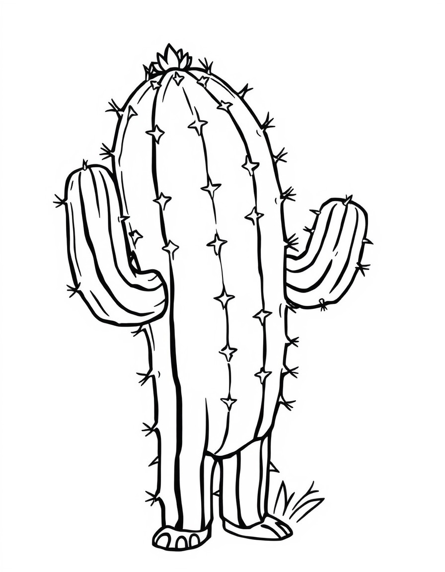 Of course! Heres the detailed description of the coloring page in English    Main Character 		This is an anthropomorphic cactus, meaning a cactus with human features 		It is standing on two legs. 		It