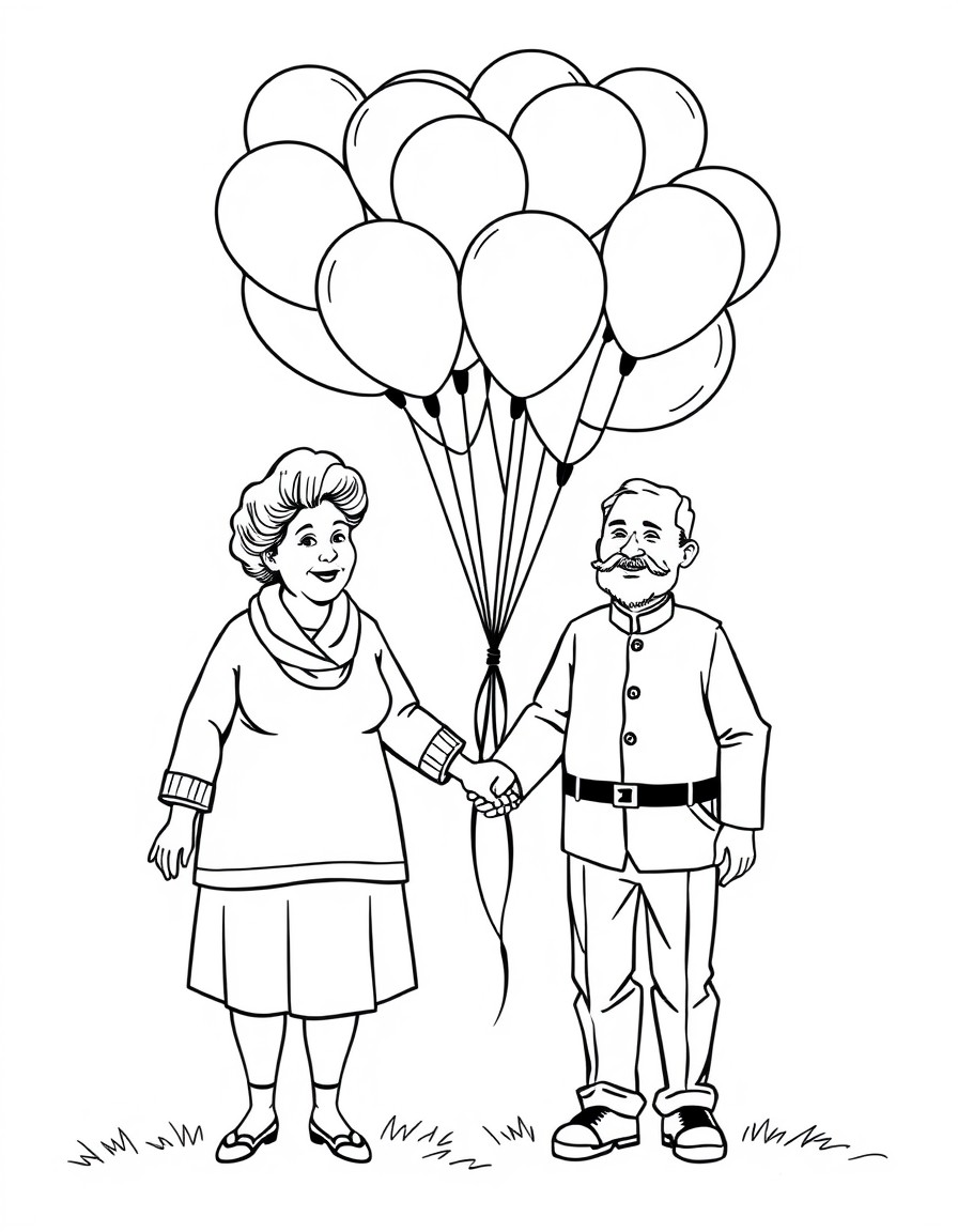 grandmother and grandfather holding a lot of balloons and holding hands