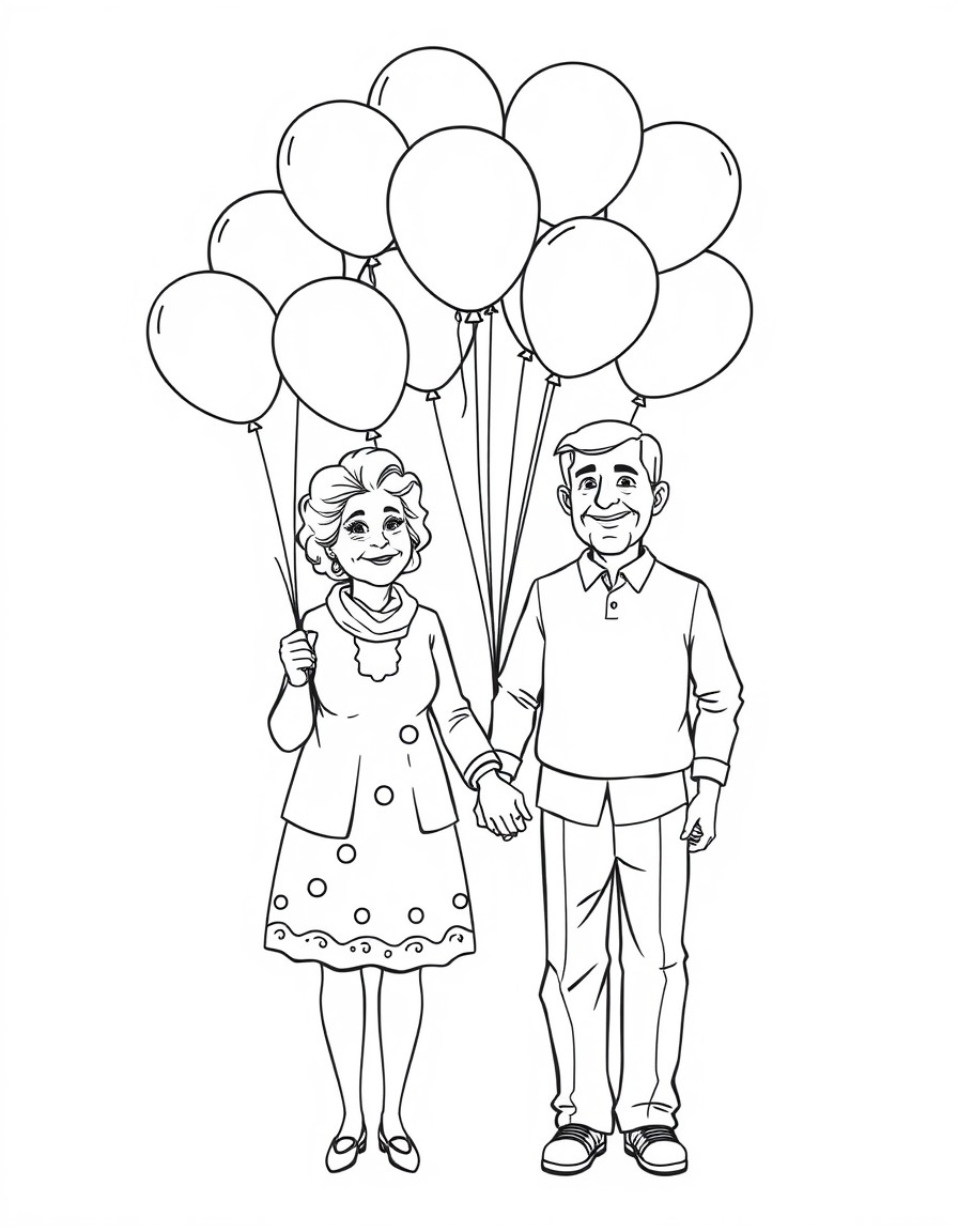 grandmother and grandfather holding a lot of balloons and holding hands