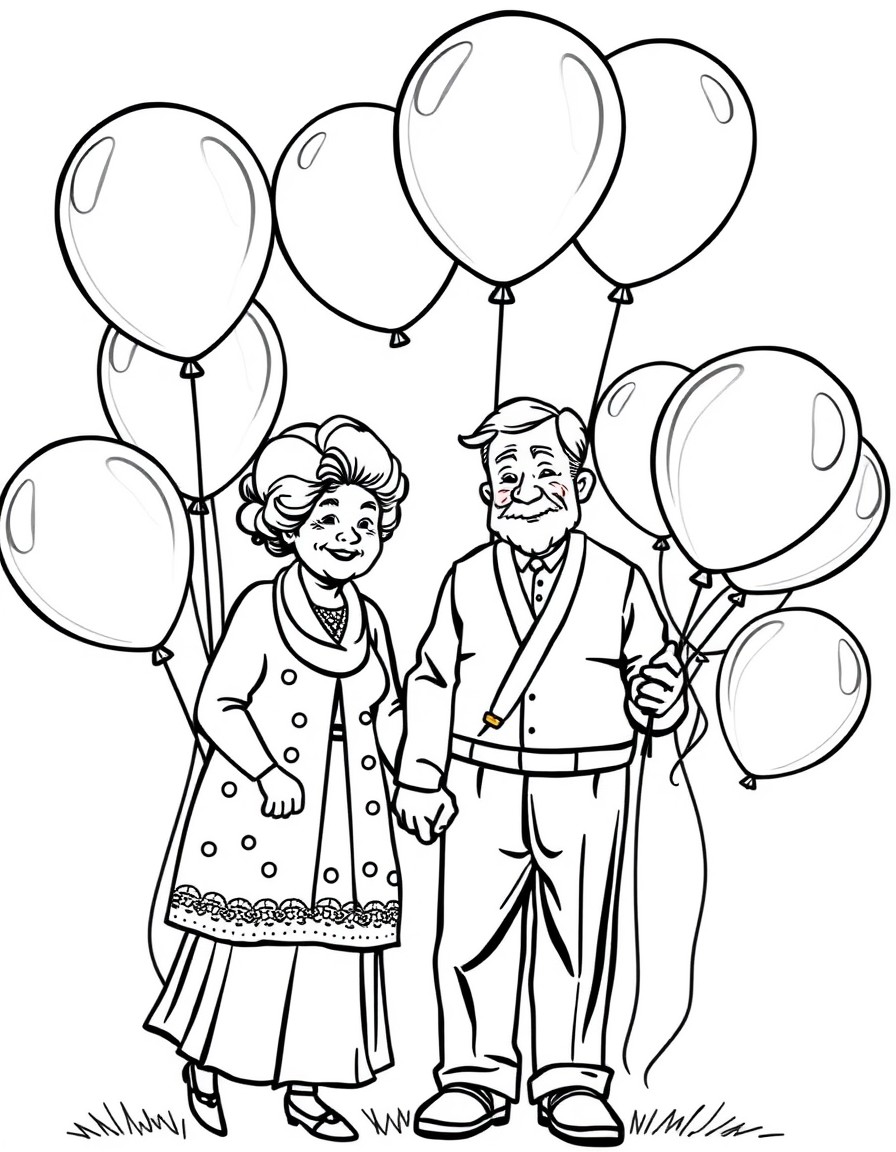 grandmother and grandfather holding a lot of balloons and holding hands