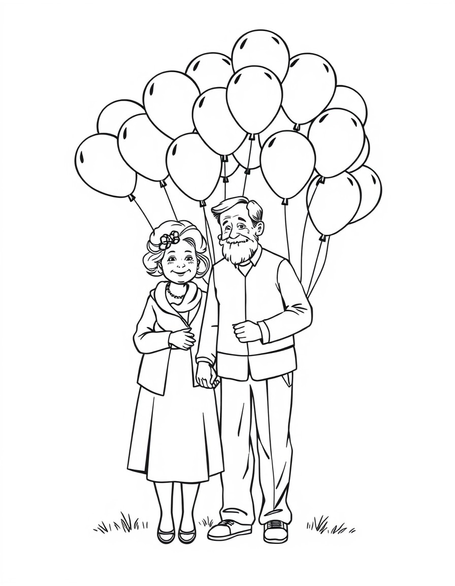 grandmother and grandfather holding a lot of balloons and holding hands