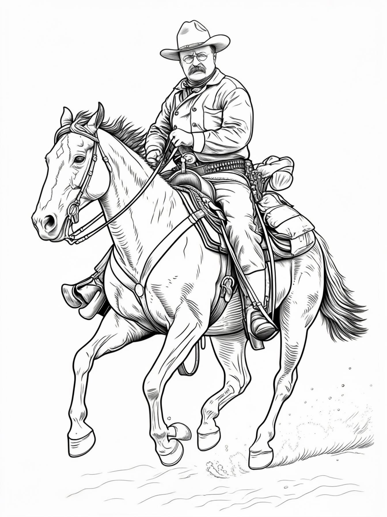 Teddy Roosevelt riding a horse with the rough riders