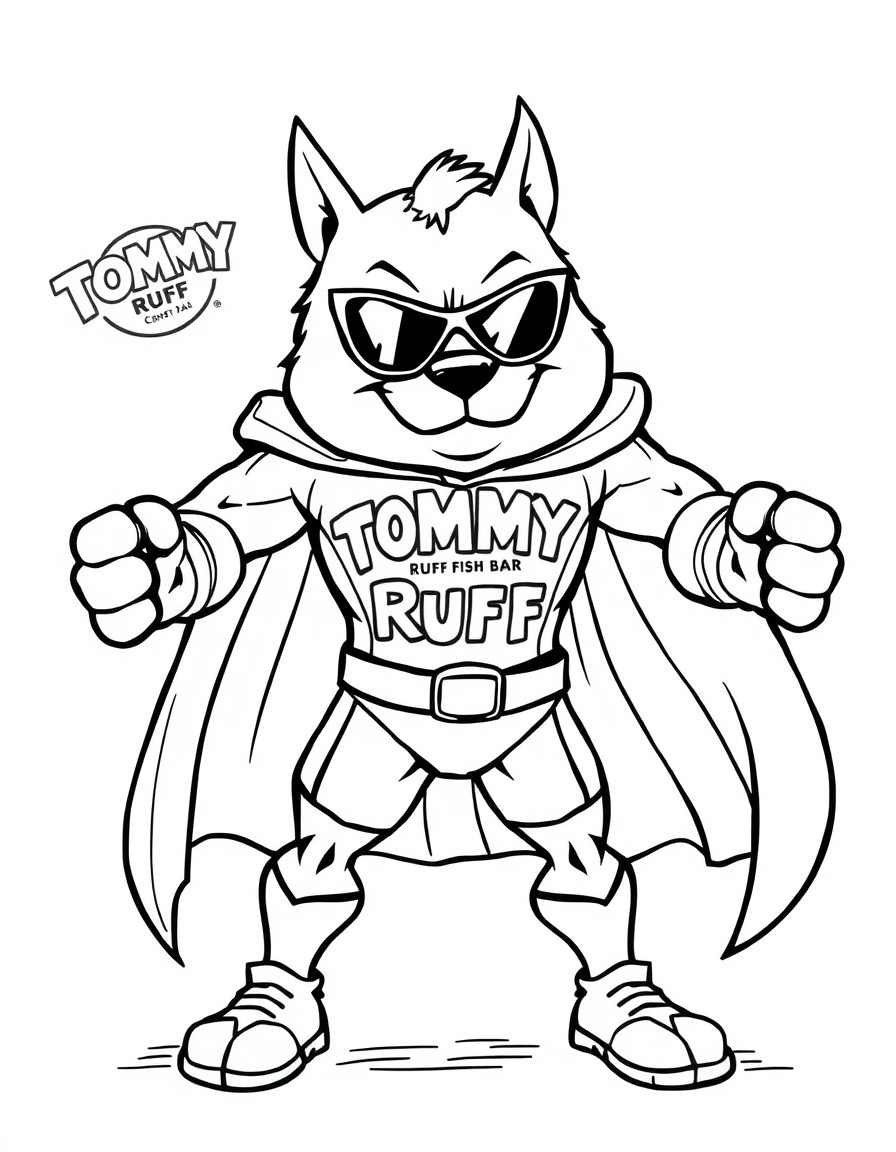Create a superhero called 'Tommy Ruff', utilising the logos from Tommy Ruff Fish Bar www.tommyruff.com.au