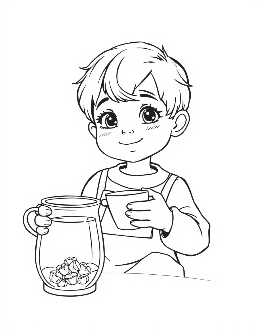 A child is holding a cup of tea and next to it is a jar.