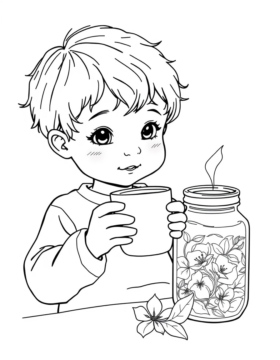 A child is holding a cup of tea and next to it is a jar.
