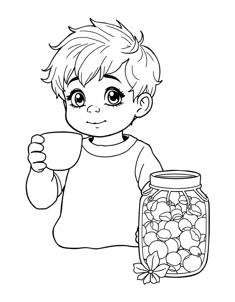A child is holding a cup of tea and next to it is a jar.