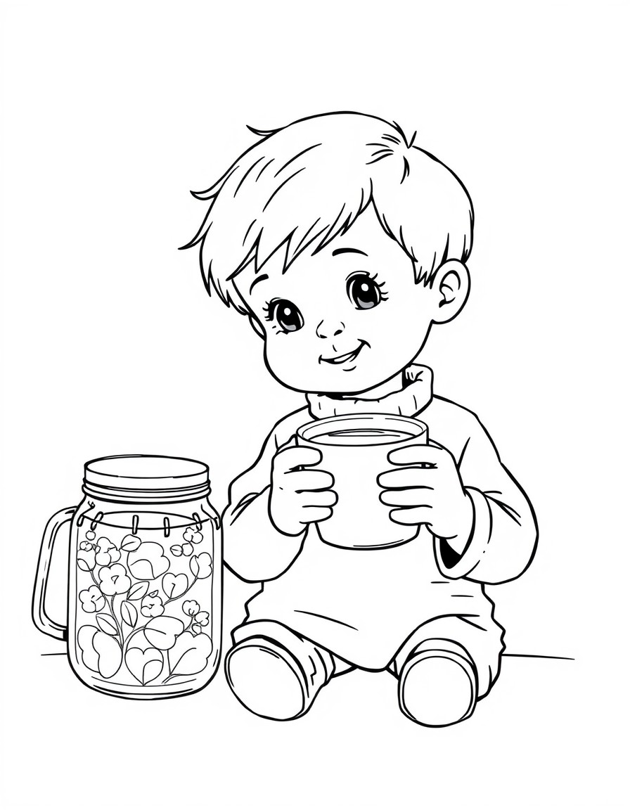 A child is holding a cup of tea and next to it is a jar.
