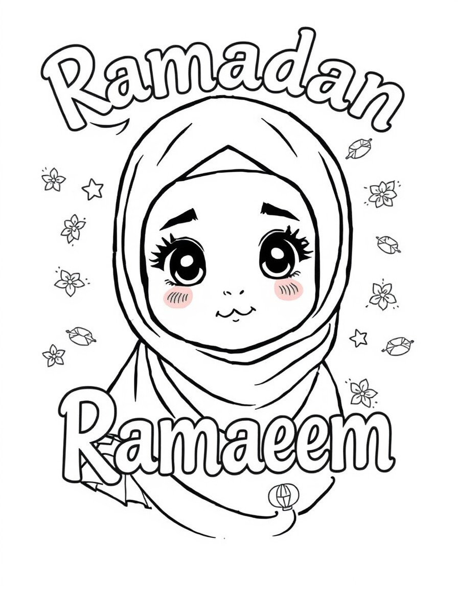 ramadan kareem text with a manga cute little girl wearing Hijab