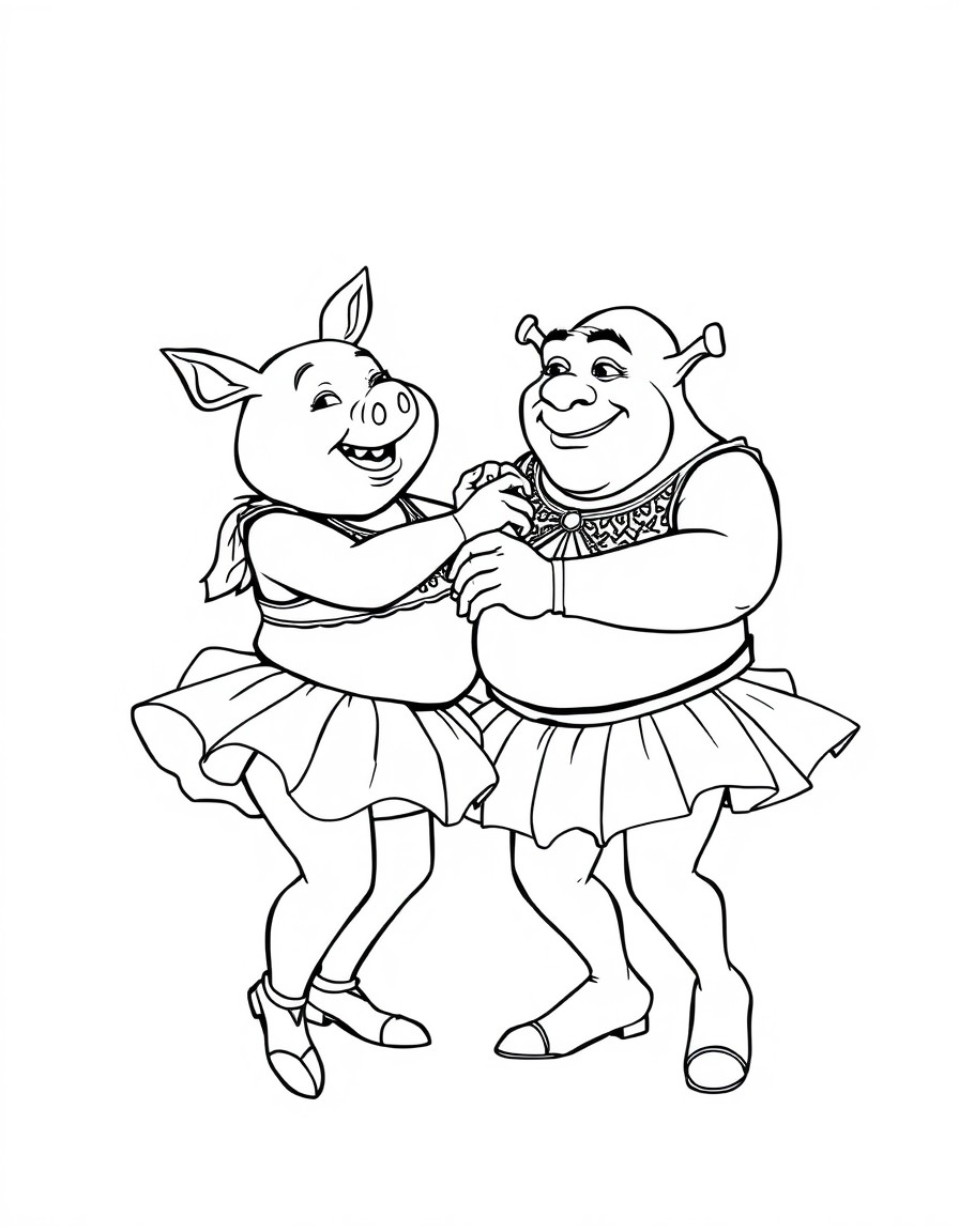 john pork and shrek dancing together in tutu"s