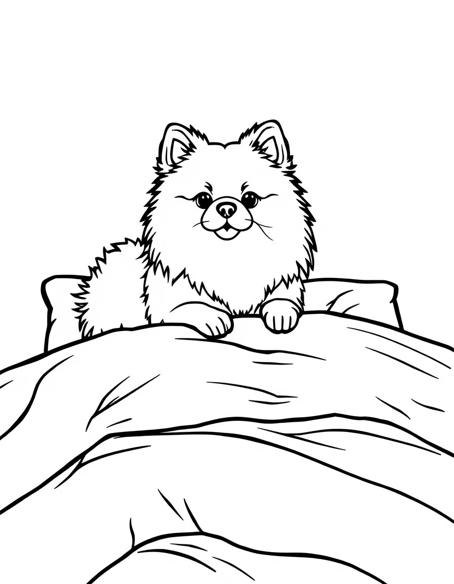 un perro pomerania encima de una cama llena de peluches