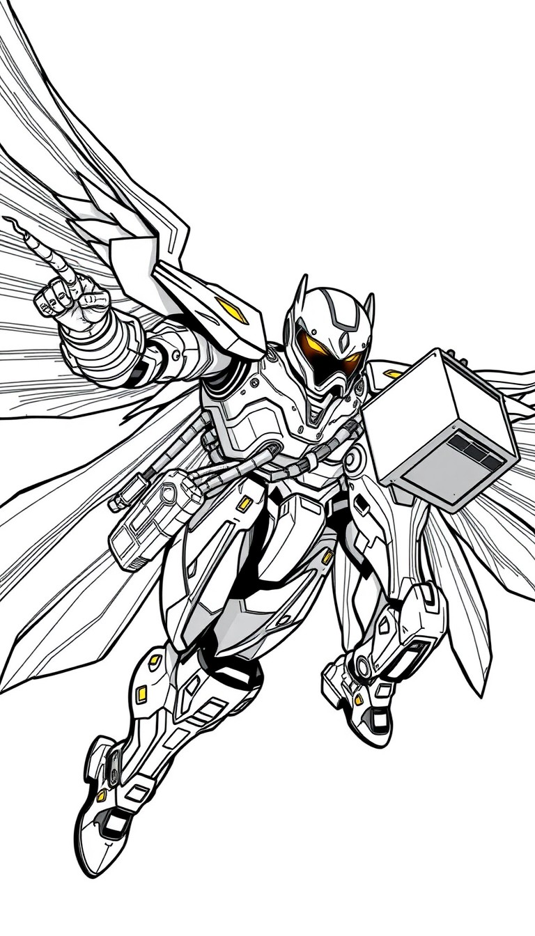 Create a highly realistic and highly detailed 2D illustration of a courier wearing a high-tech manga-style superhero costume in mid-flight, wearing a futuristic mecha armor with glowing joints and fib