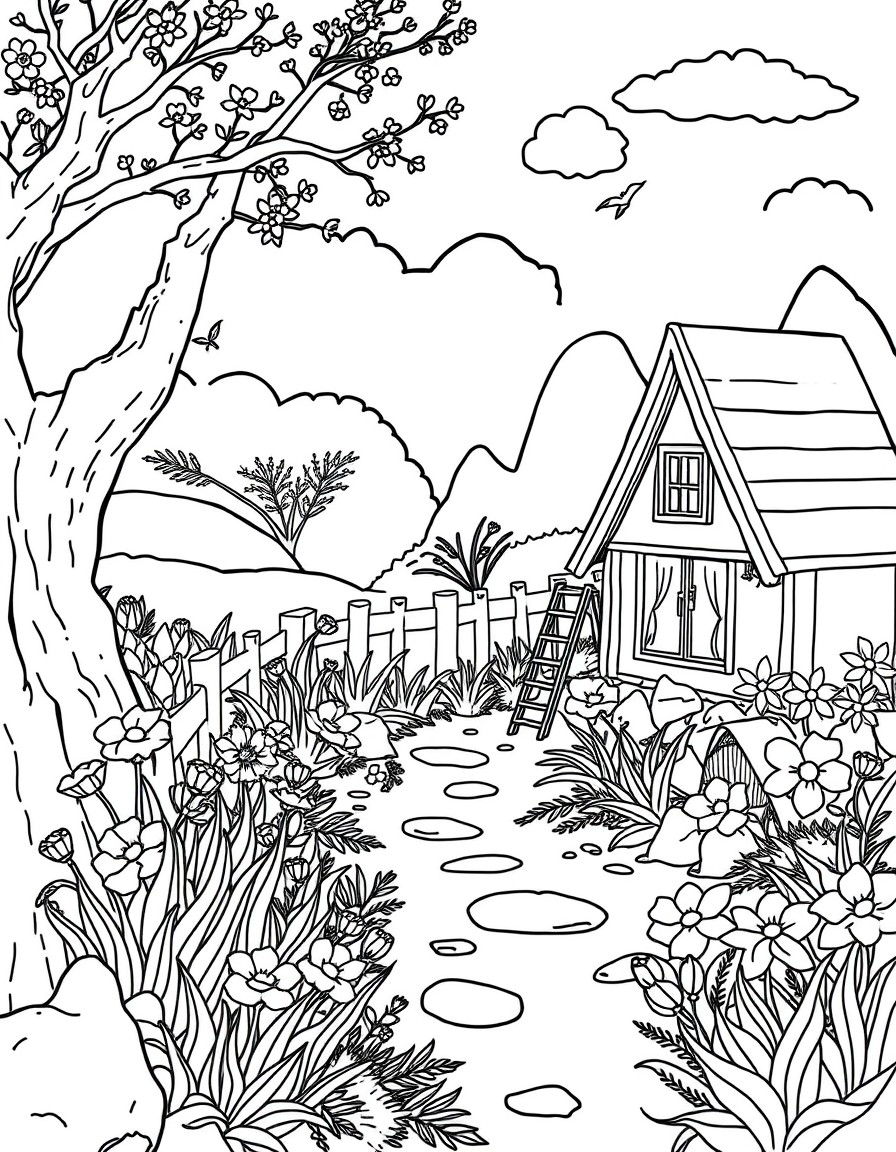 genera un paesaggio primaverile per bambini di 6 anni