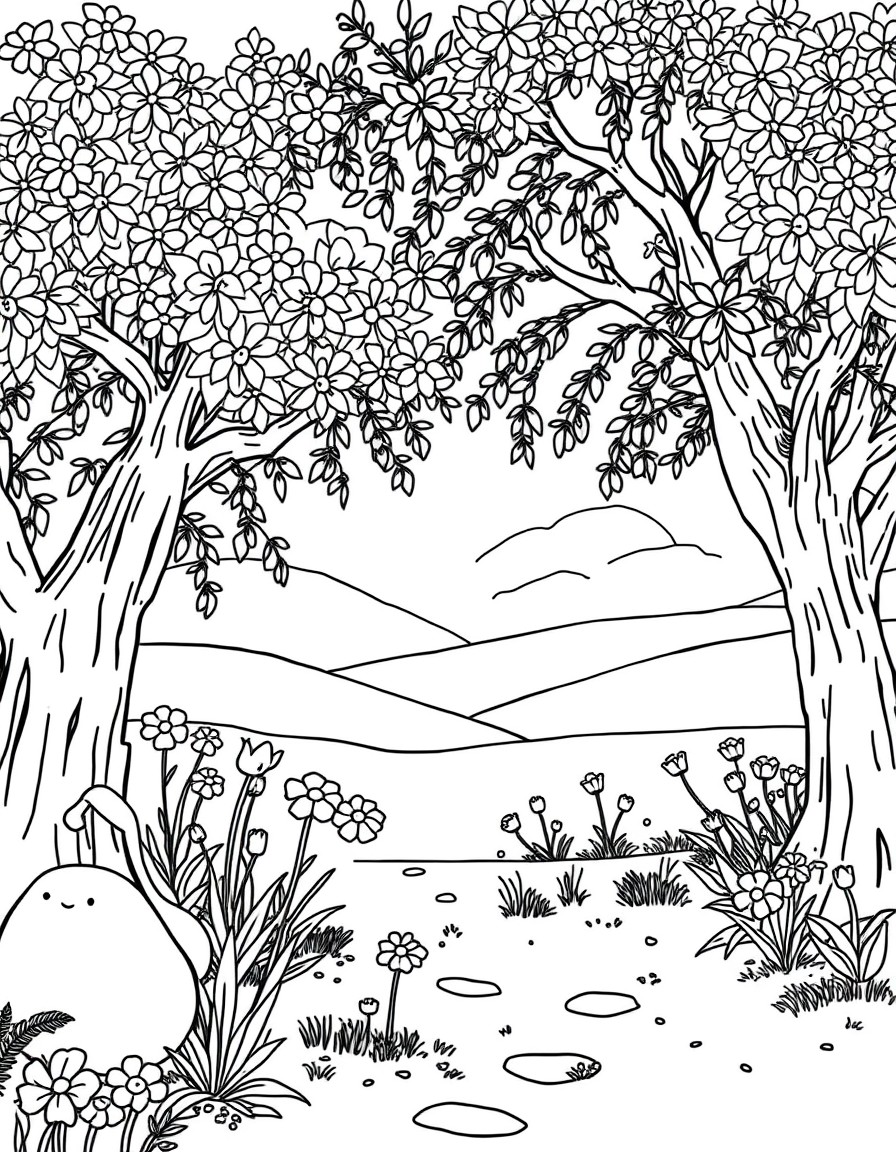 genera un paesaggio primaverile per bambini di 6 anni