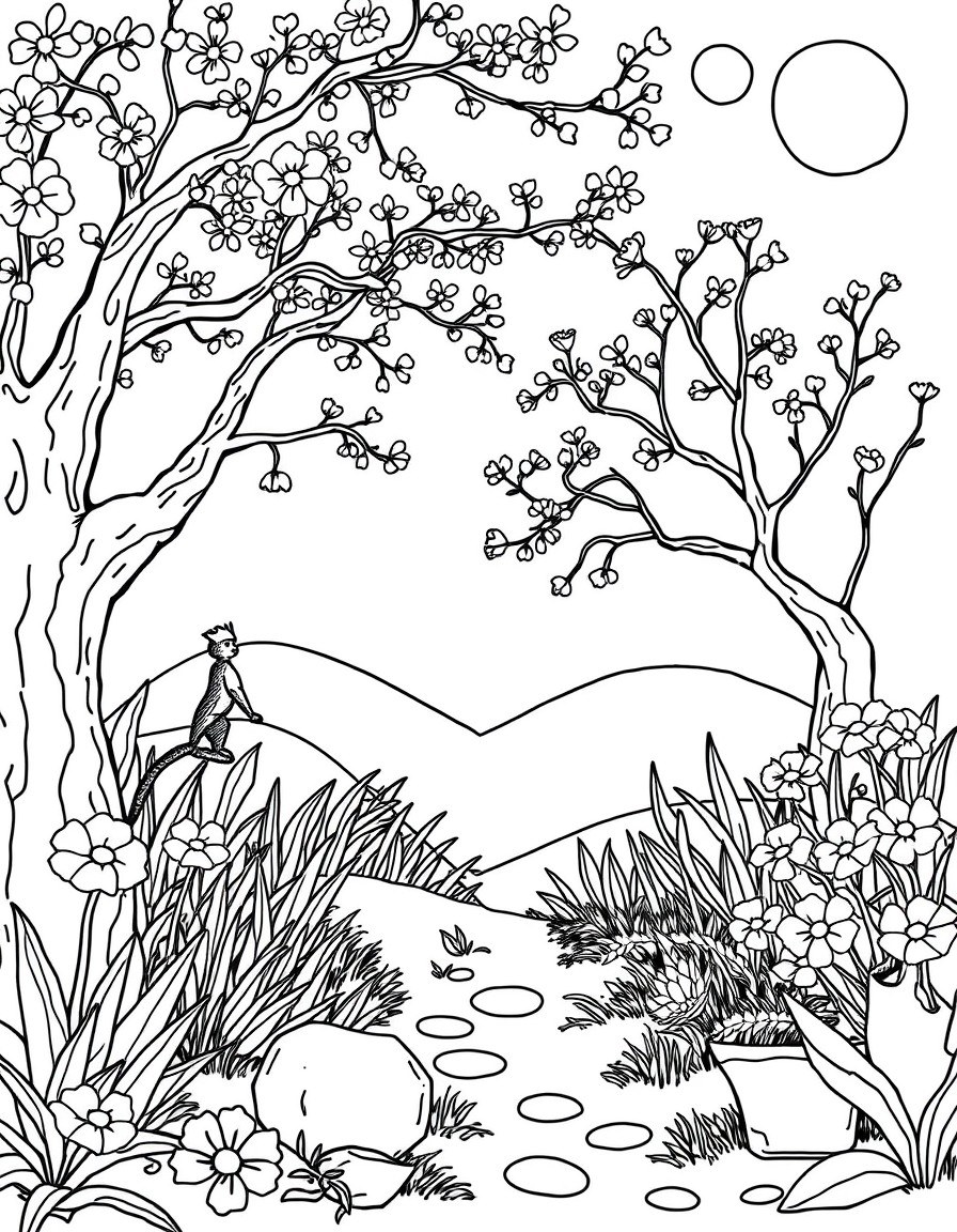 genera un paesaggio primaverile per bambini di 6 anni