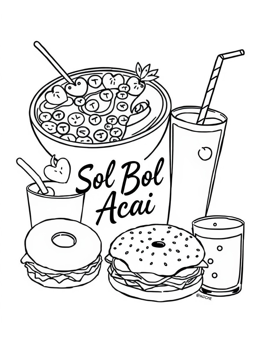 Do a black and white coloring page with thick lines with a variation of different things like an acai bowl, avocado toast, a bagel, a panini, and a smoothie. Also have it say Sol Bol Acai somewhere on