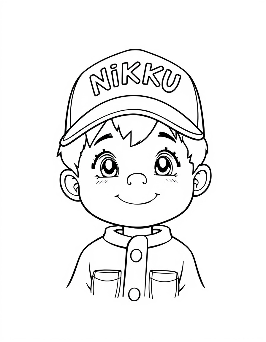 A cute boy with a cap that has the name 'NIKKU' on it