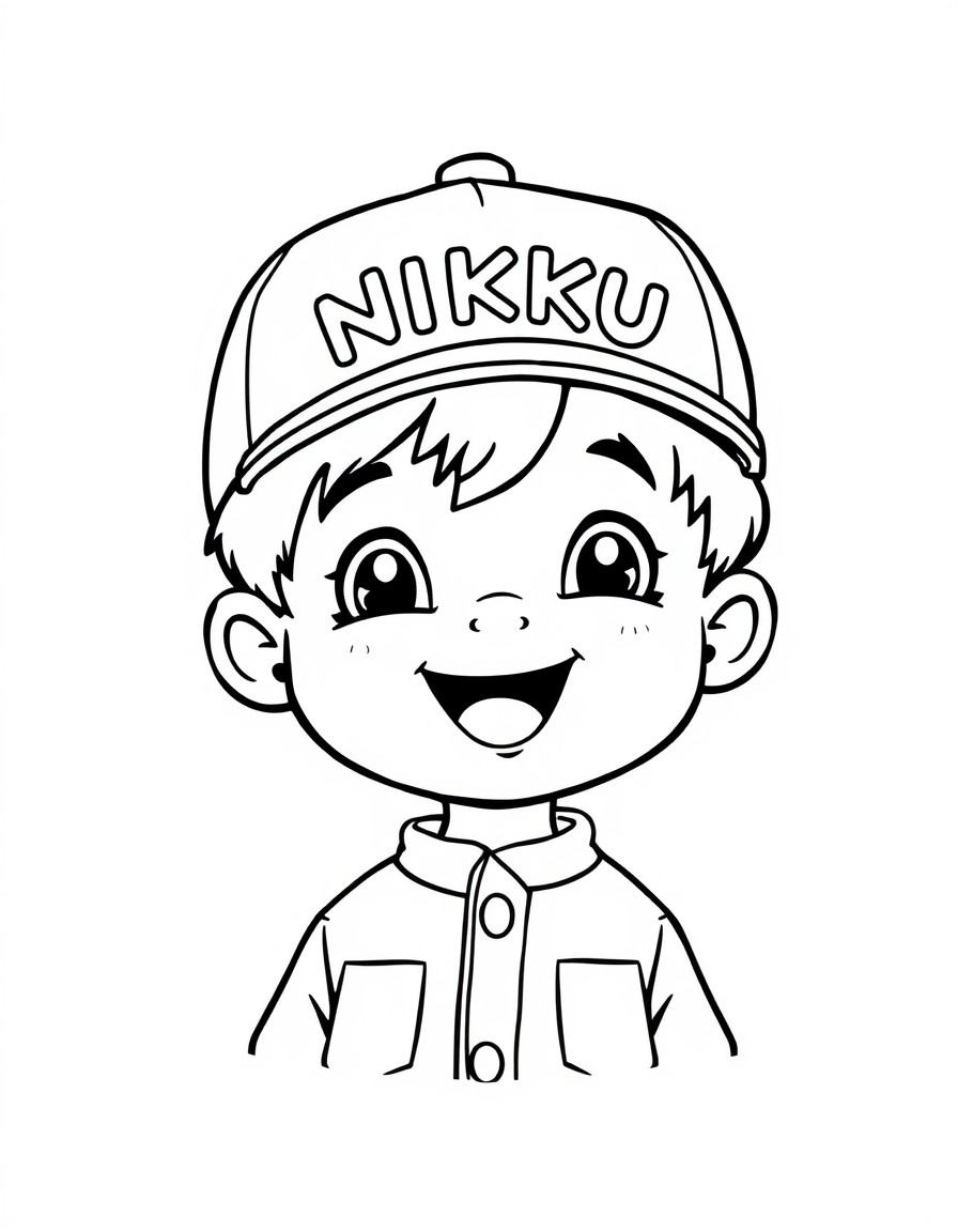 A cute boy with a cap that has the name 'NIKKU' on it