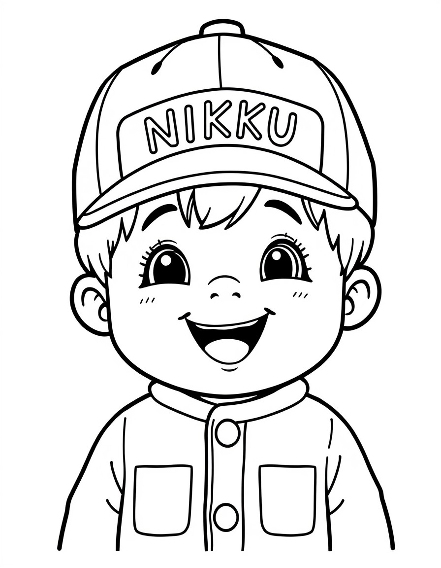 A cute boy with a cap that has the name 'NIKKU' on it