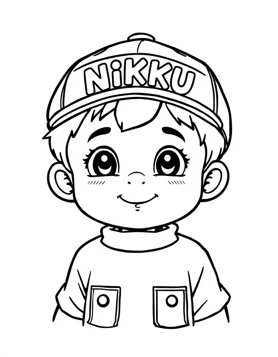 A cute boy with a cap that has the name 'NIKKU' on it