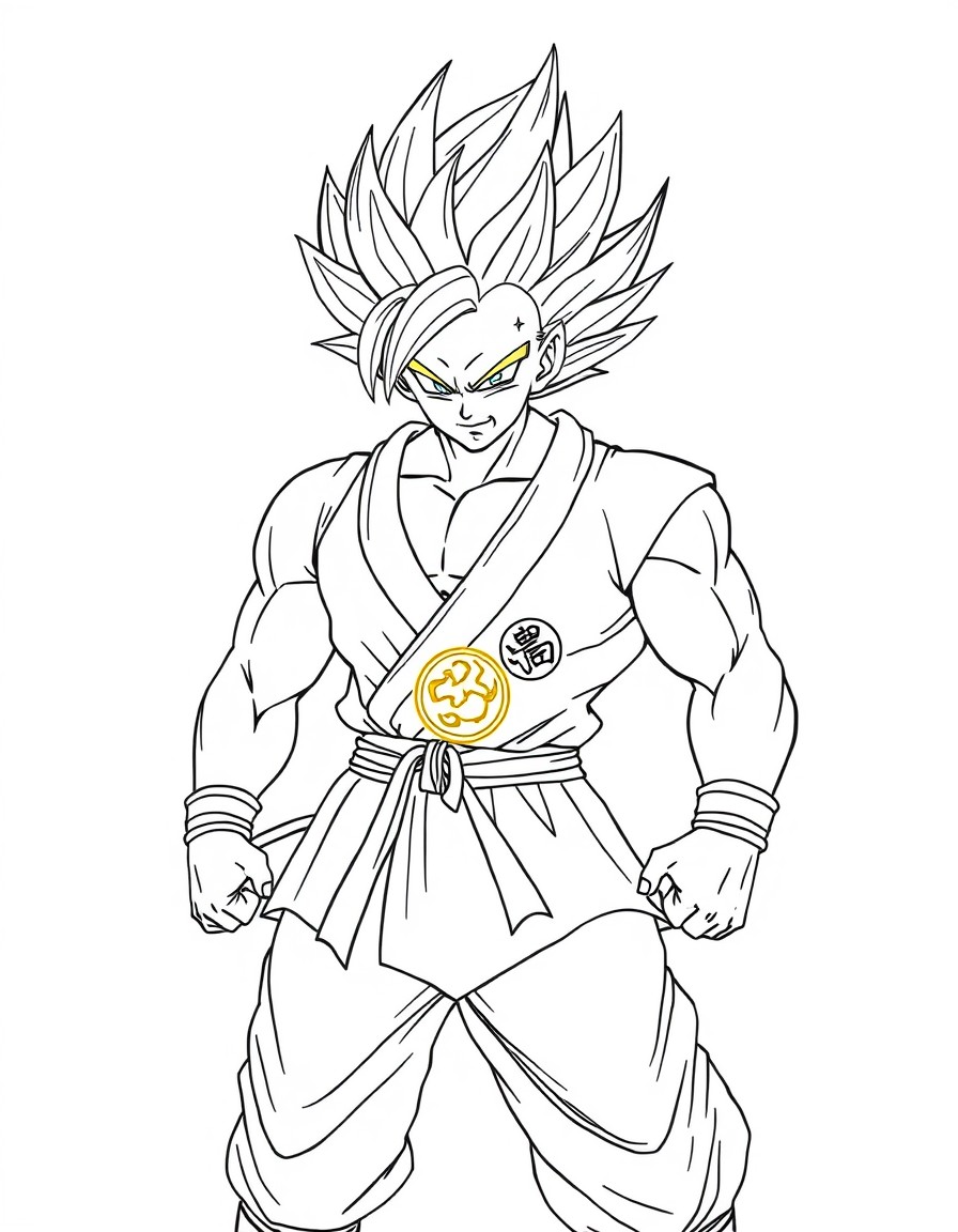 Create a muscular anime warrior in the style of Dragon Ball Z, spiky golden hair glowing with energy, intense facial expression, wearing a futuristic martial arts gi with a glowing emblem, standing in