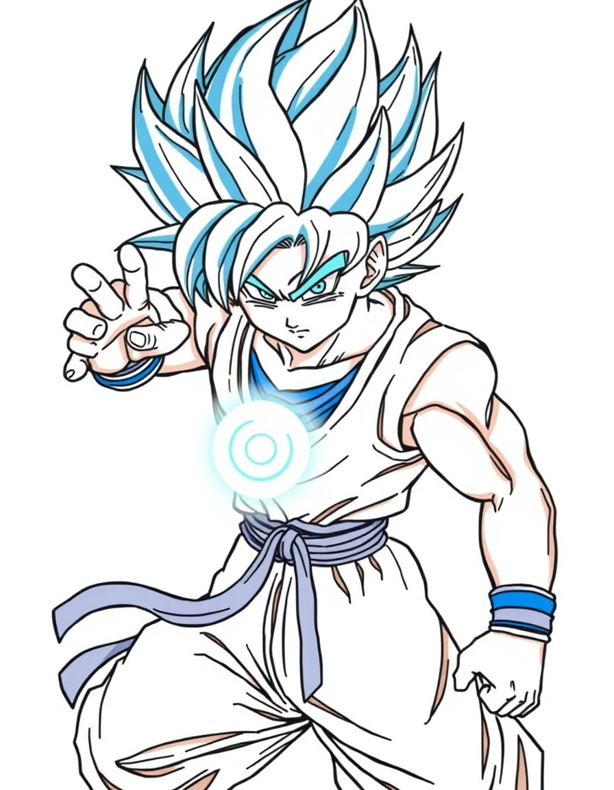Fusion anime warrior, combining traits of Goku and Vegeta, Super Saiyan blue hair, dual-colored outfit, energy ball in hand, intense power aura, drawn in Dragon Ball Z anime style
