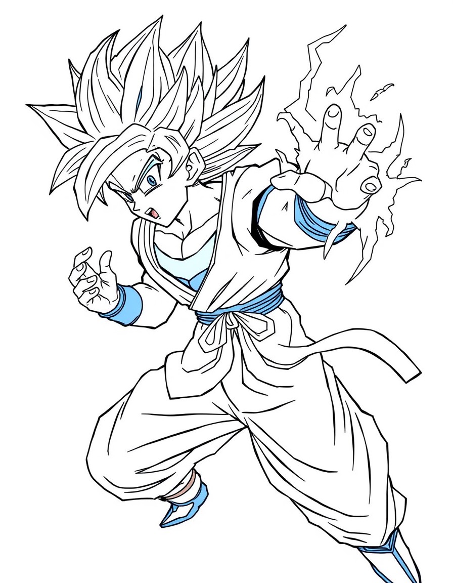 Fusion anime warrior, combining traits of Goku and Vegeta, Super Saiyan blue hair, dual-colored outfit, energy ball in hand, intense power aura, drawn in Dragon Ball Z anime style