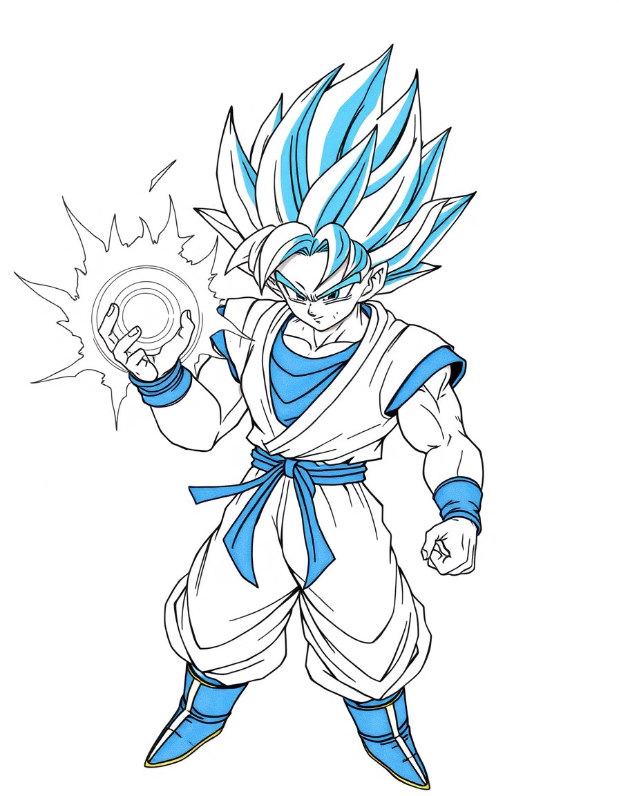 Fusion anime warrior, combining traits of Goku and Vegeta, Super Saiyan blue hair, dual-colored outfit, energy ball in hand, intense power aura, drawn in Dragon Ball Z anime style