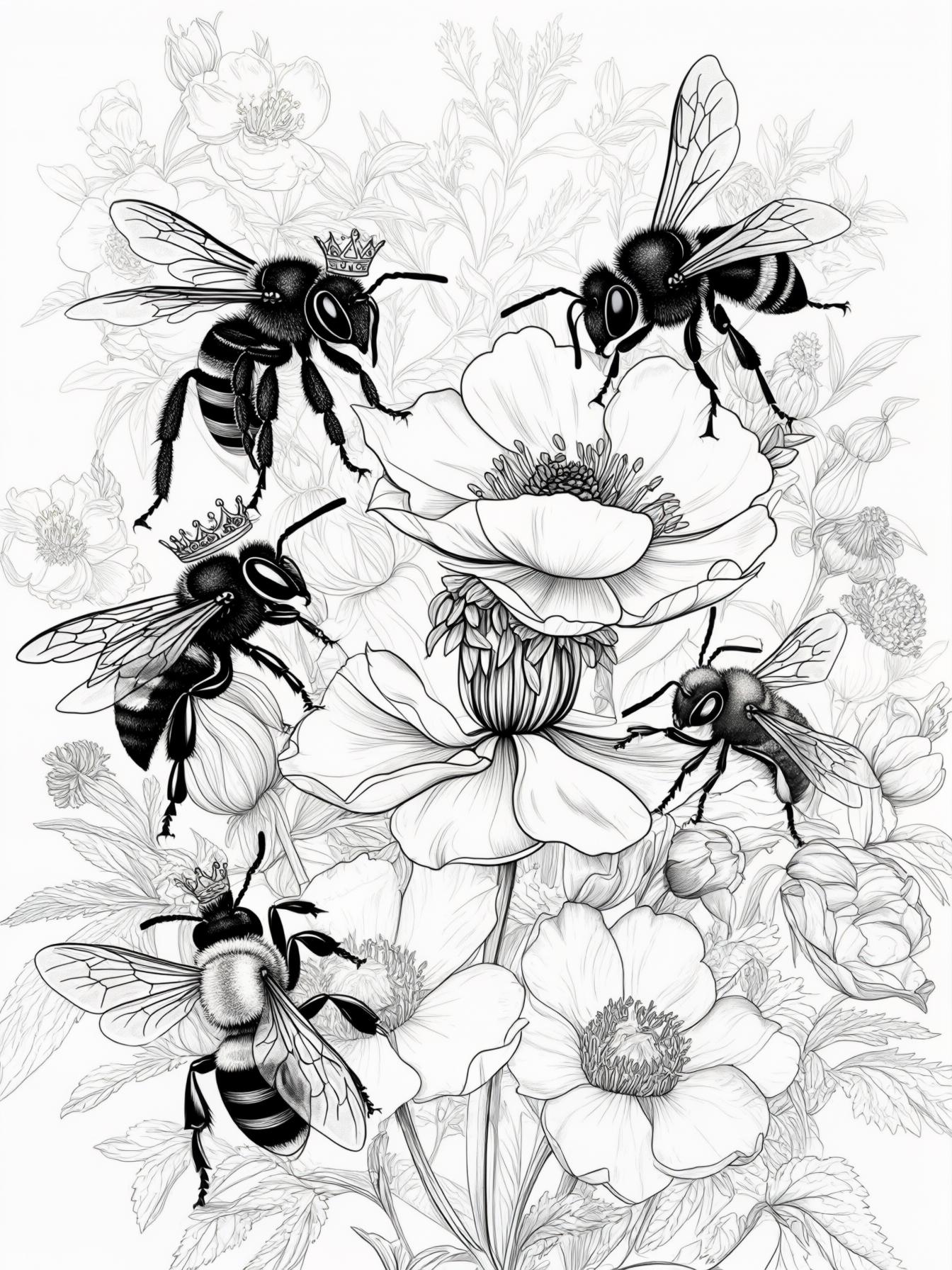 A whimsical flower garden where giant bees wear tiny crowns