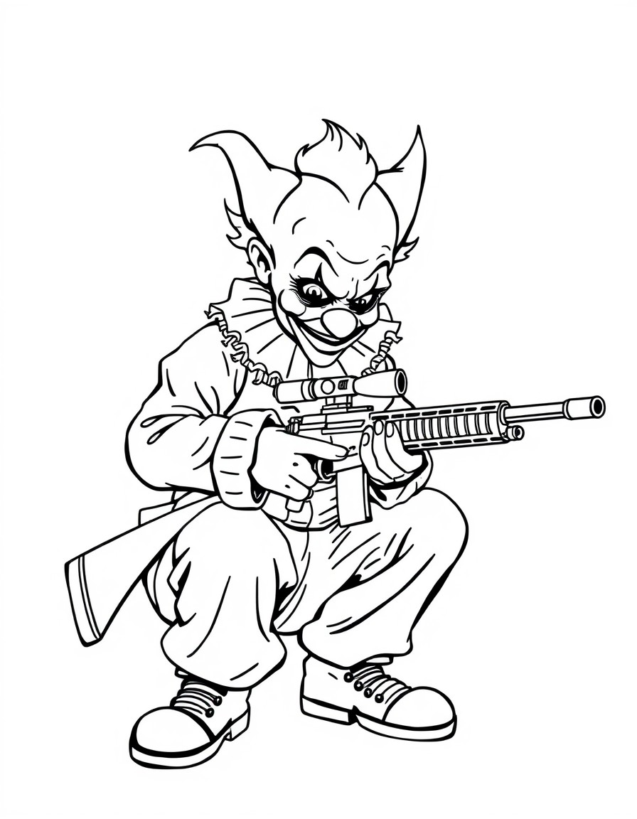 A depressed clown holding a sniper rifle