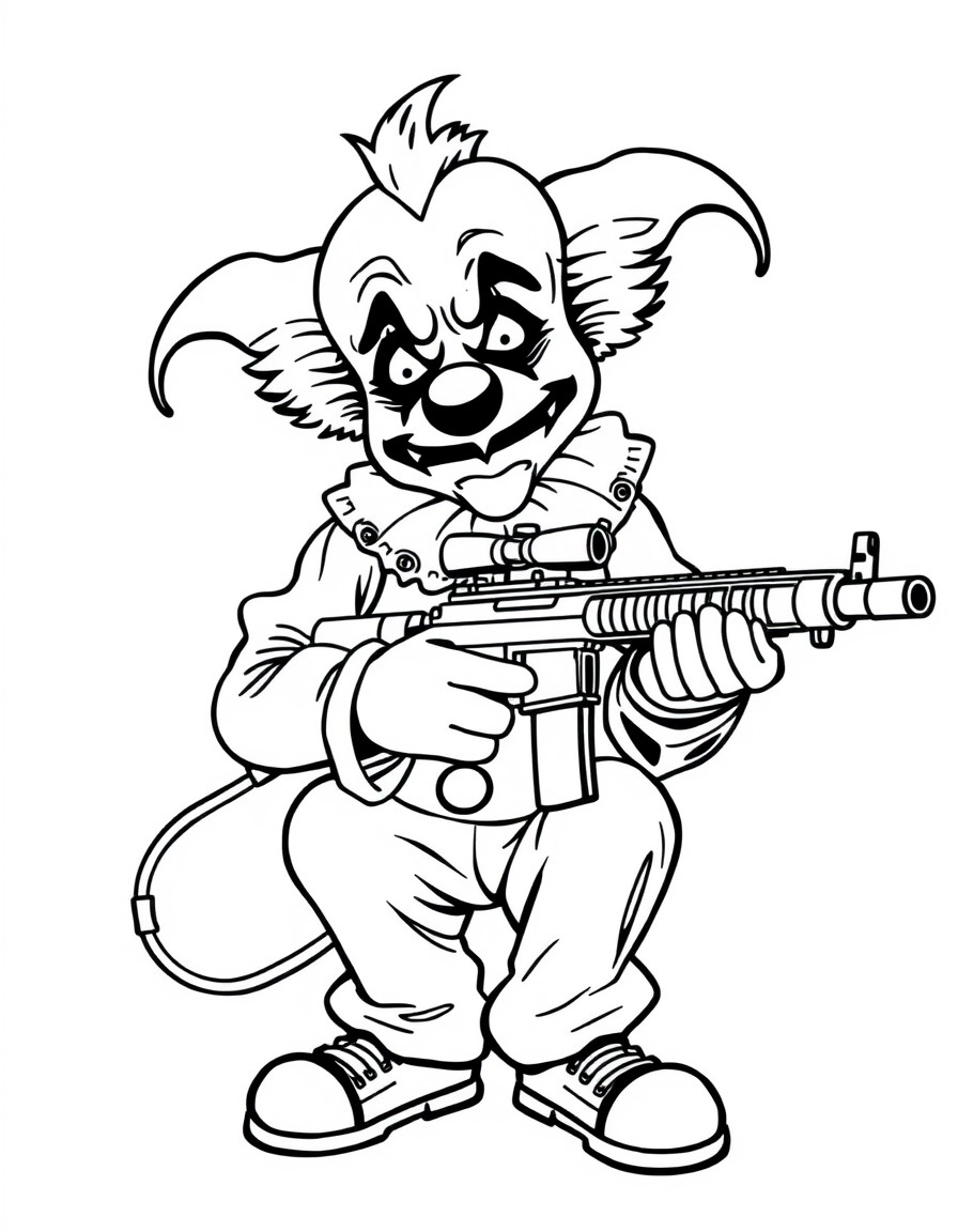 A depressed clown holding a sniper rifle