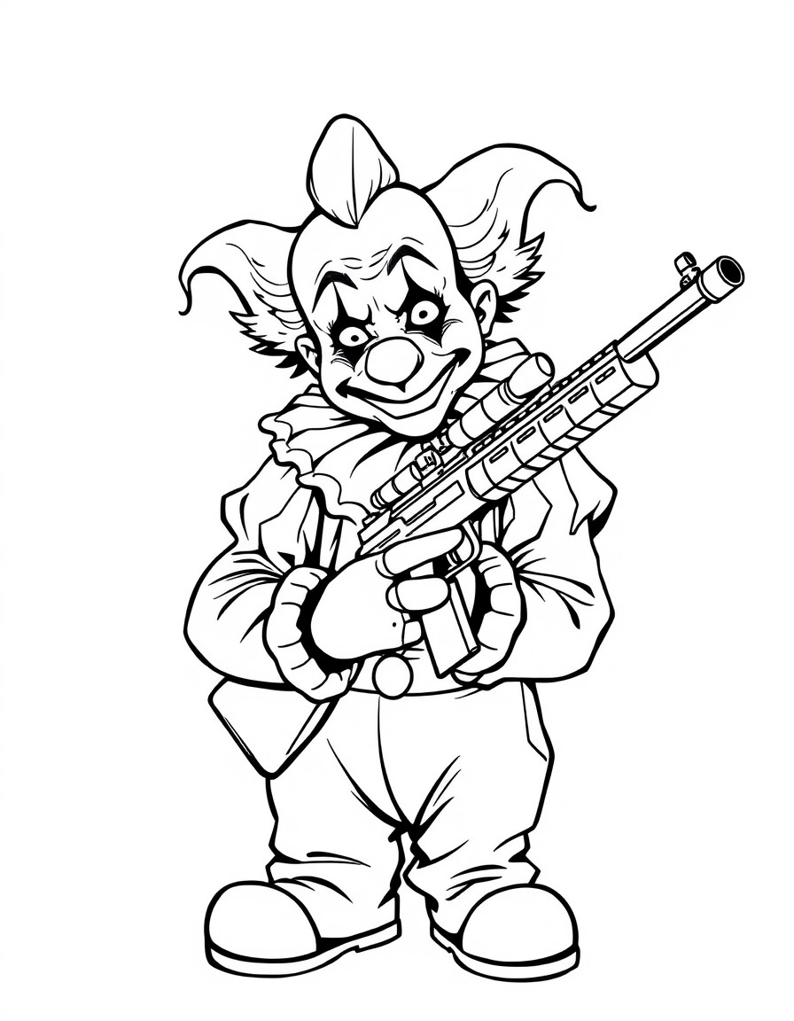 A depressed clown holding a sniper rifle