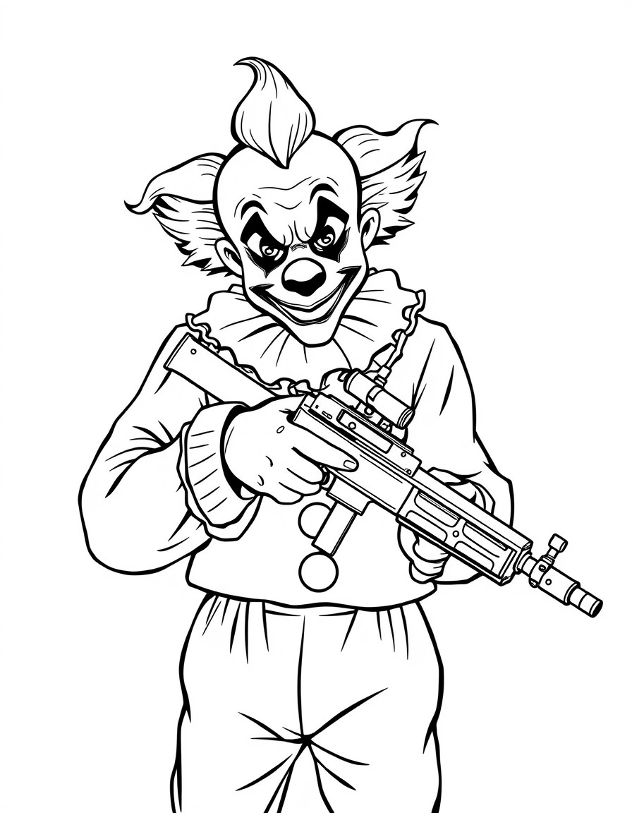 A depressed clown holding a sniper rifle