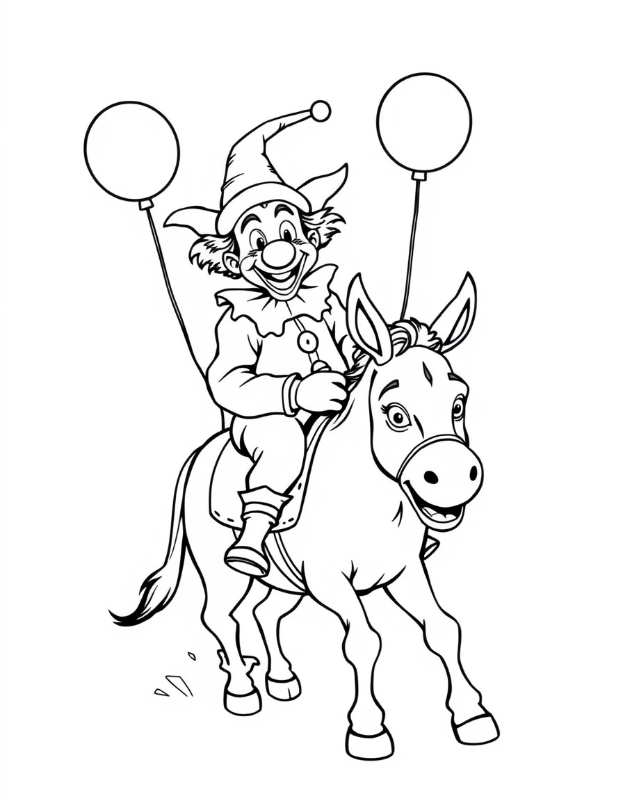 a clown riding a donkey in anime style