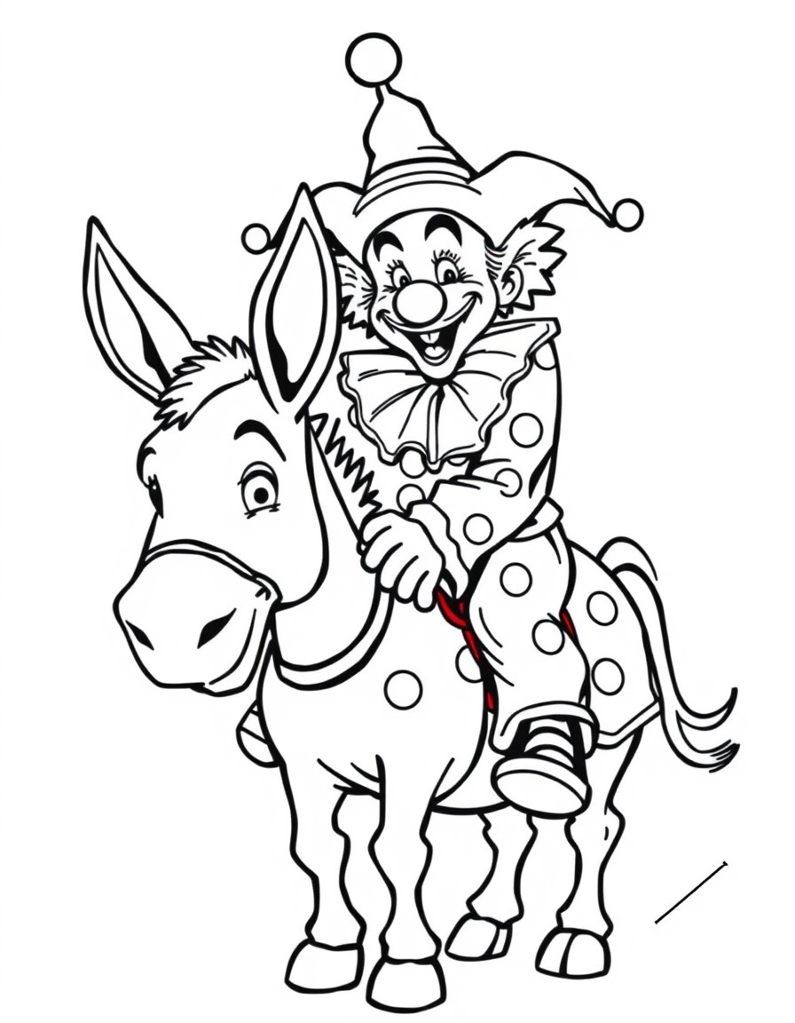 a clown riding a donkey in anime style