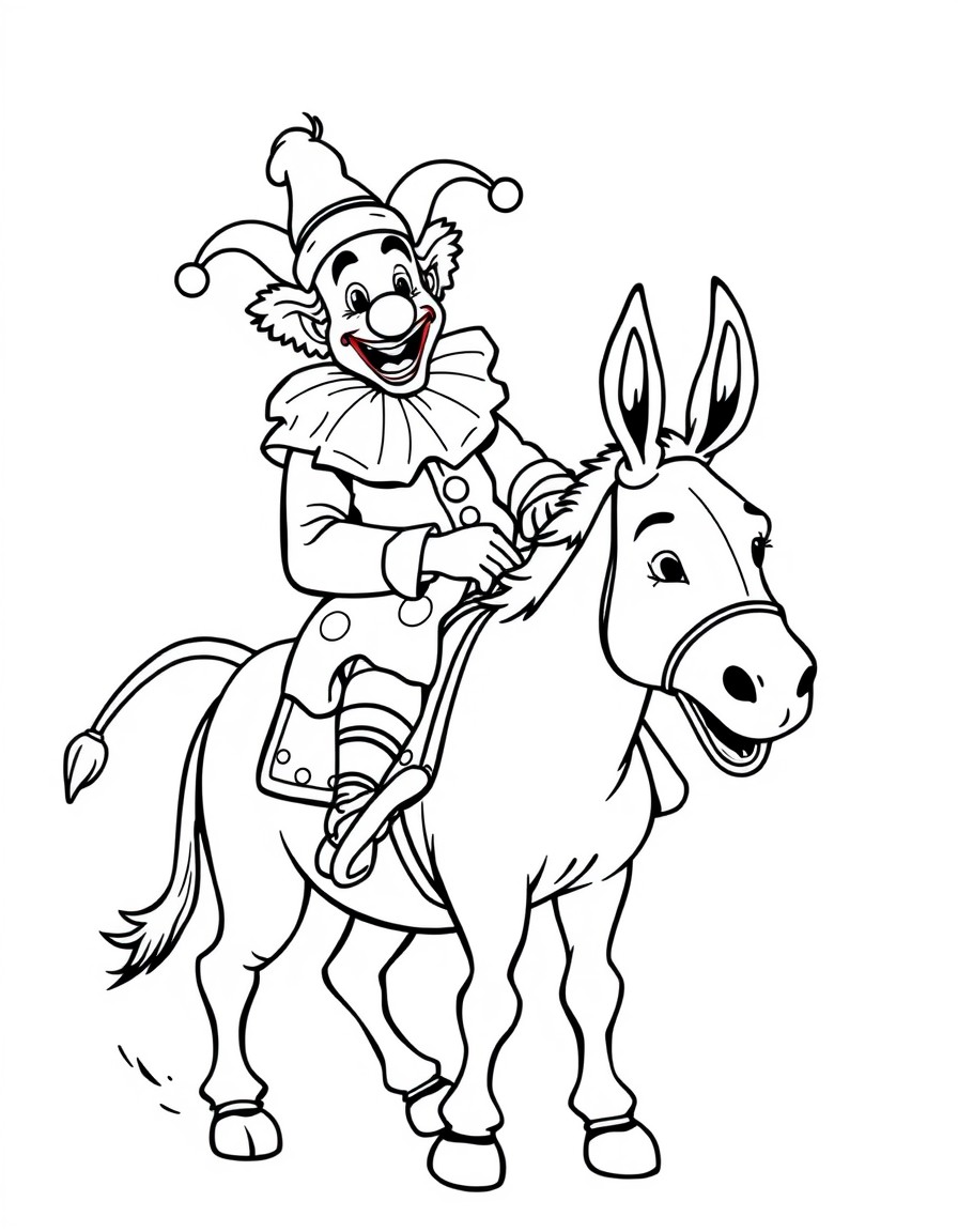 a clown riding a donkey in anime style