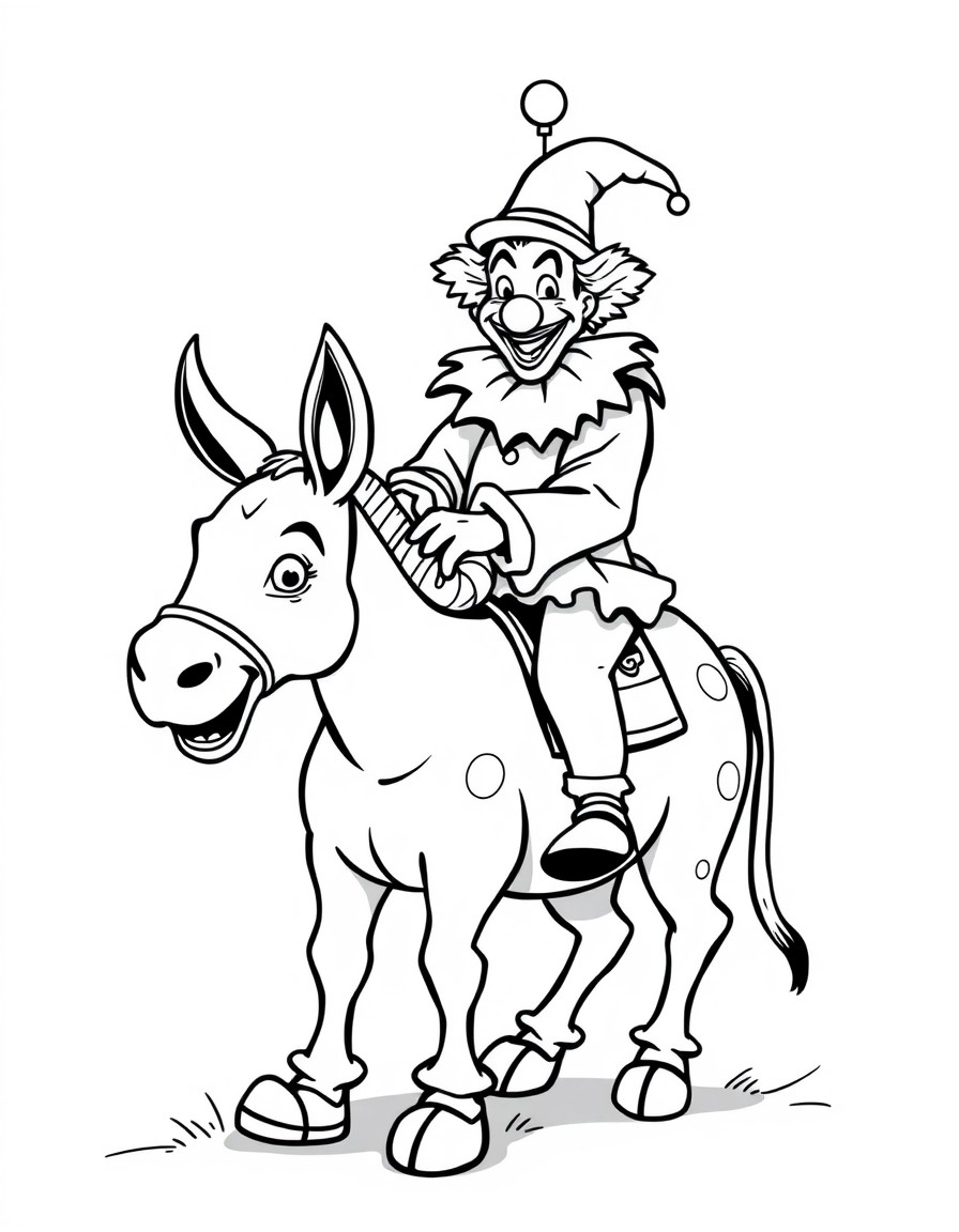 a clown riding a donkey in anime style