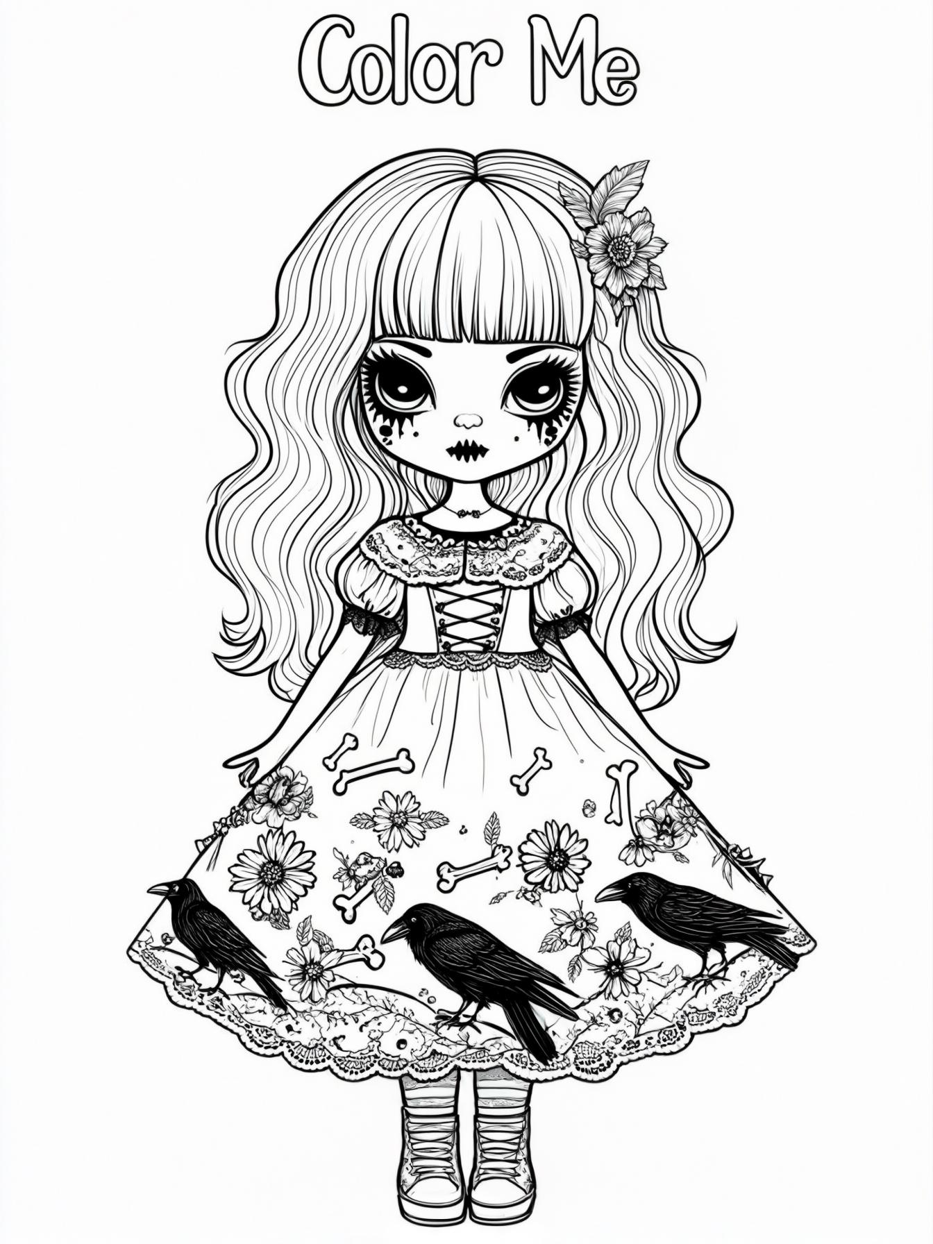 create a cute gothic girl in a dress. the dress is made of alce and the lower part have flowers, ravens, and bone motifs.