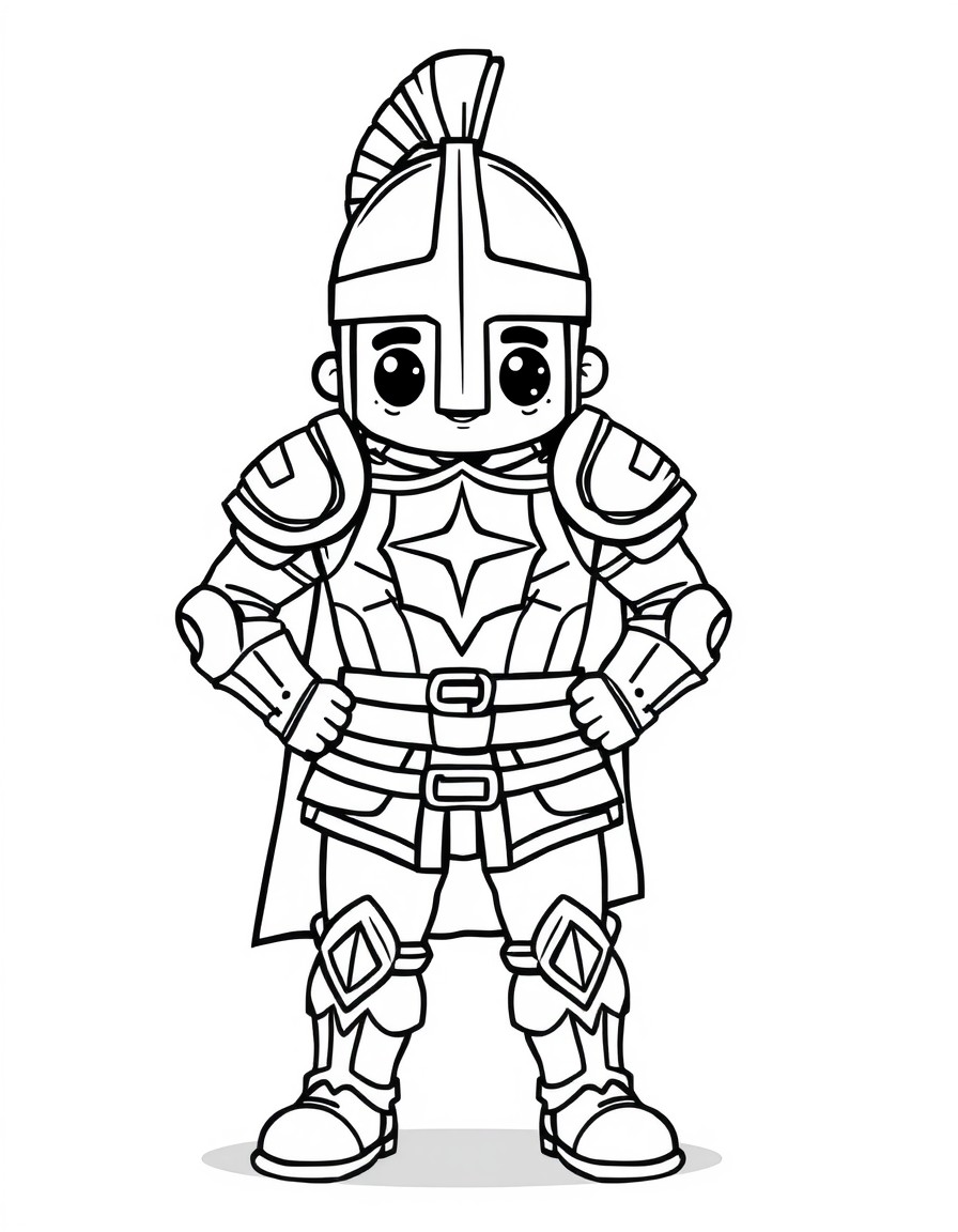 Kawaii style, A brave warrior designed for a 9-year-old kids' coloring page, standing confidently and wearing the Armor of God. The warrior is wearing a Belt of Truth, a Breastplate of Righteousness,