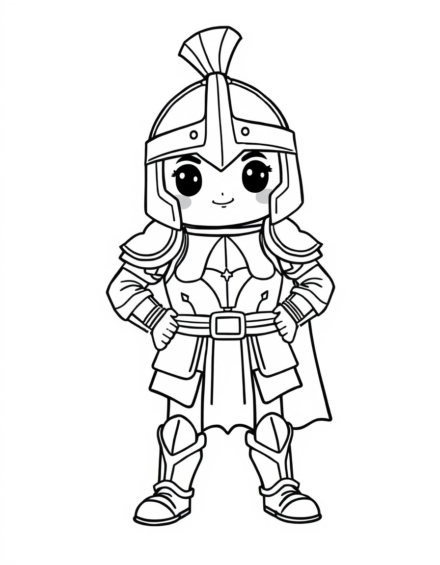 Kawaii style, A brave warrior designed for a 9-year-old kids' coloring page, standing confidently and wearing the Armor of God. The warrior is wearing a Belt of Truth, a Breastplate of Righteousness,