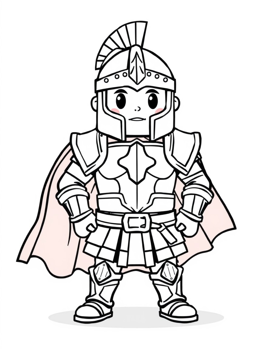 Kawaii style, A brave warrior designed for a 9-year-old kids' coloring page, standing confidently and wearing the Armor of God. The warrior is wearing a Belt of Truth, a Breastplate of Righteousness,