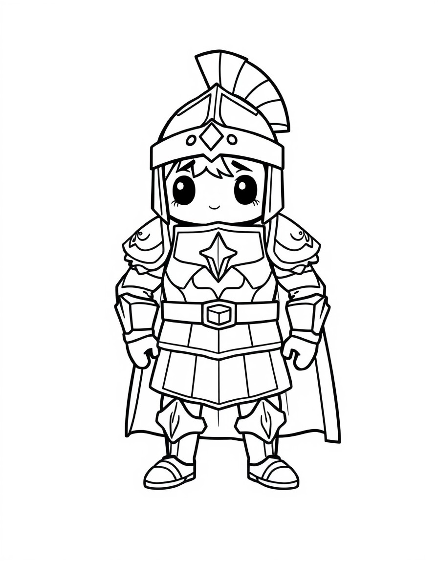 Kawaii style, A brave warrior designed for a 9-year-old kids' coloring page, standing confidently and wearing the Armor of God. The warrior is wearing a Belt of Truth, a Breastplate of Righteousness,